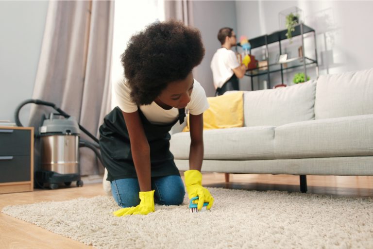 woman cleans the carpet