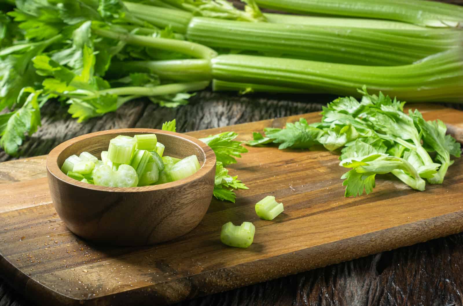 cut Celery in bowl and in background