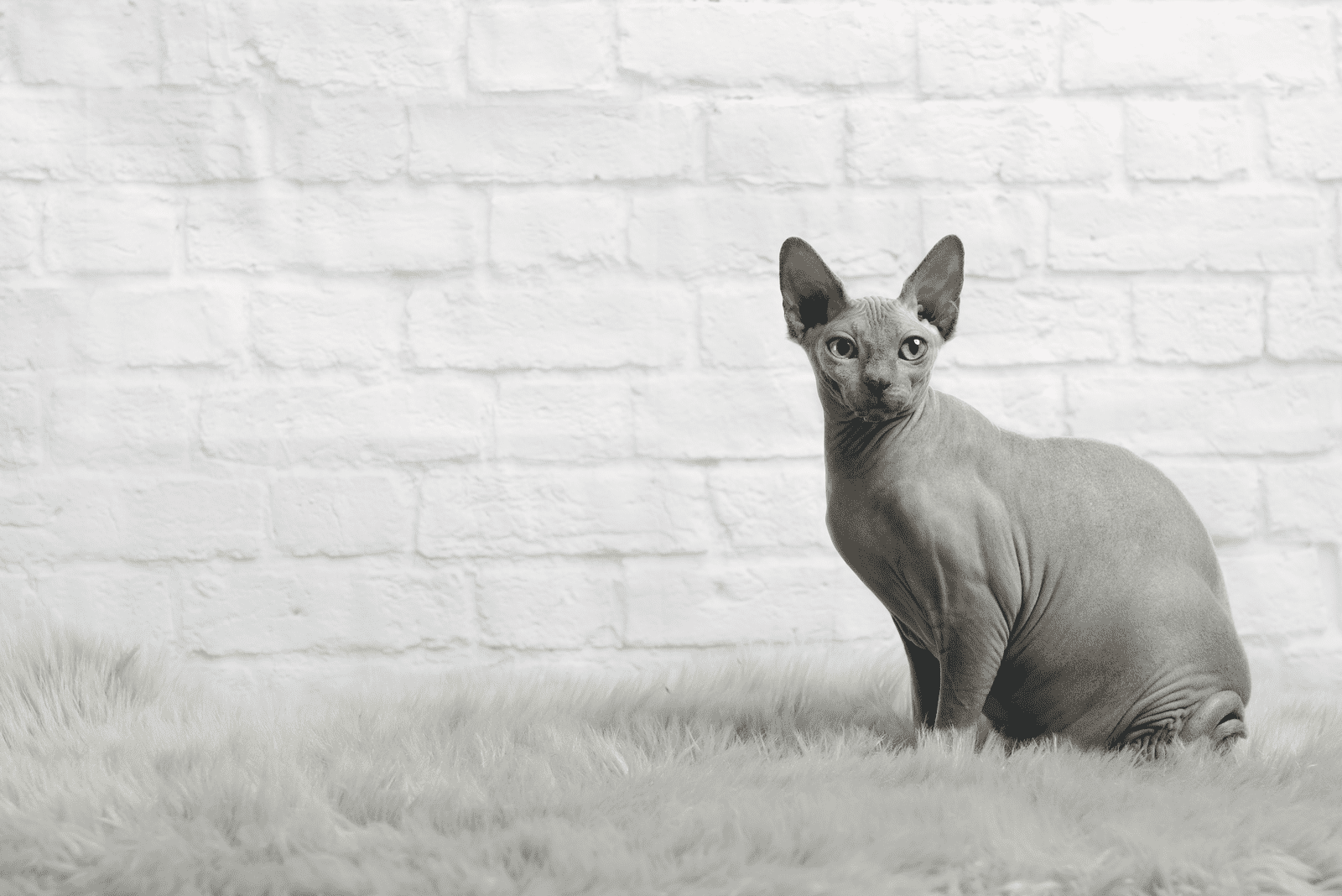 Sphynx cat sit on a grey fur blanket 