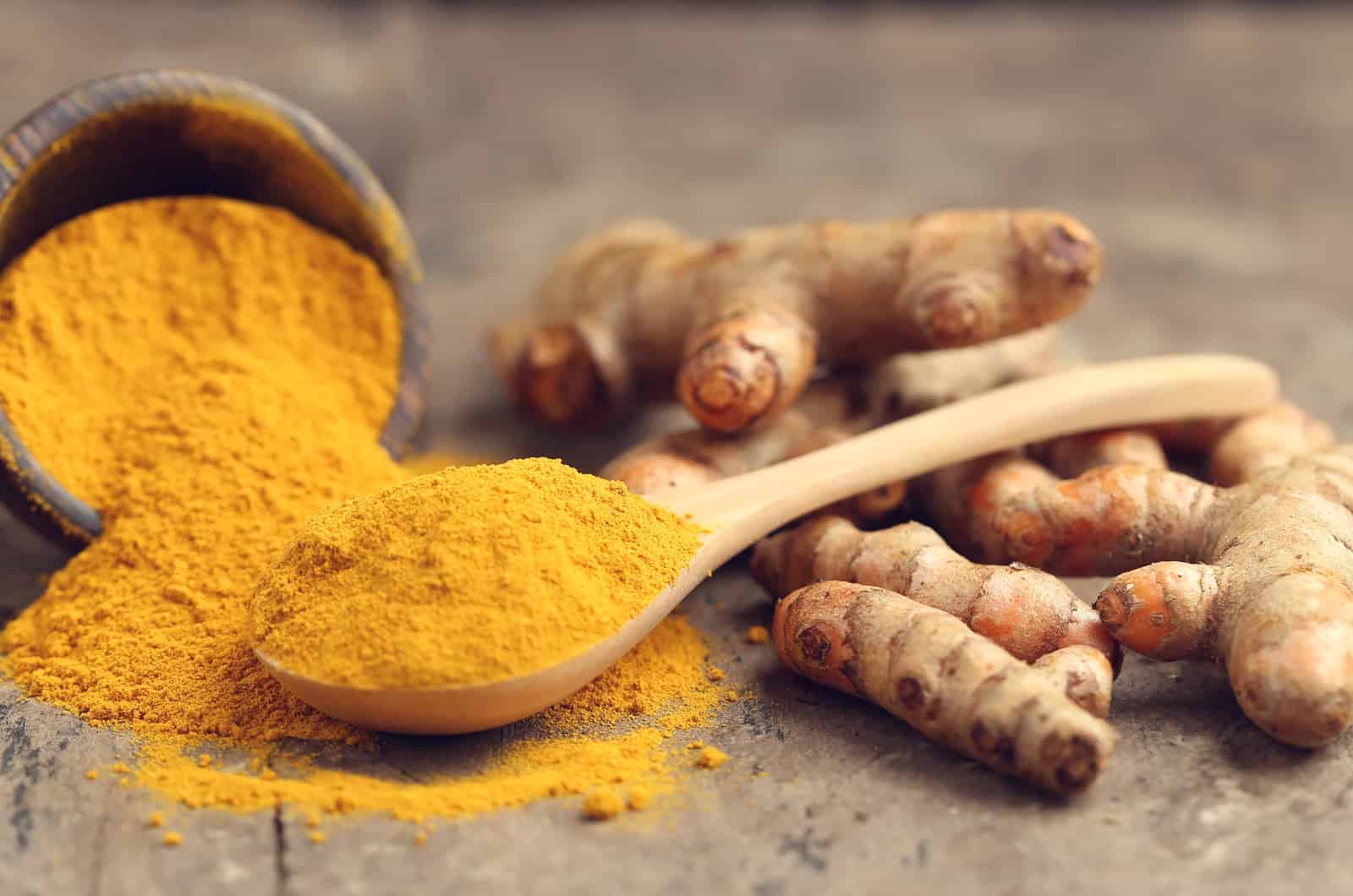 Turmeric powder and fresh turmeric on wooden table