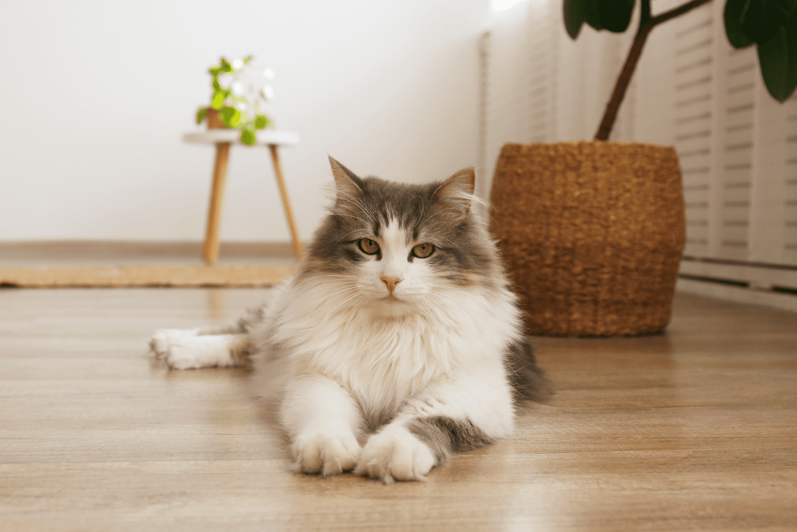 a long-haired cat lies in the living room