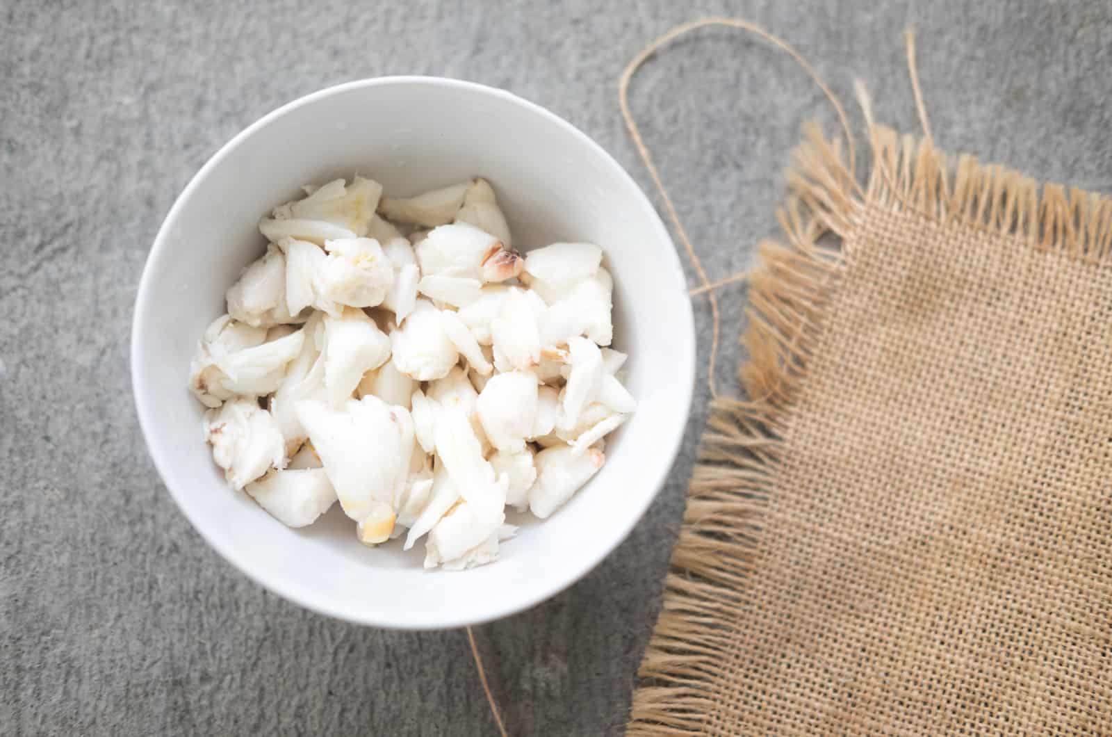 crab meat in white bowl