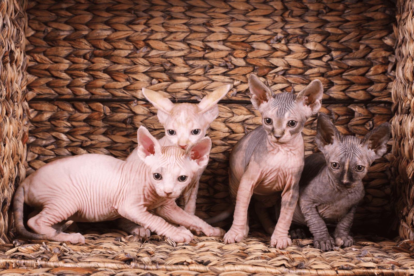 four Sphynx kittens in a basket