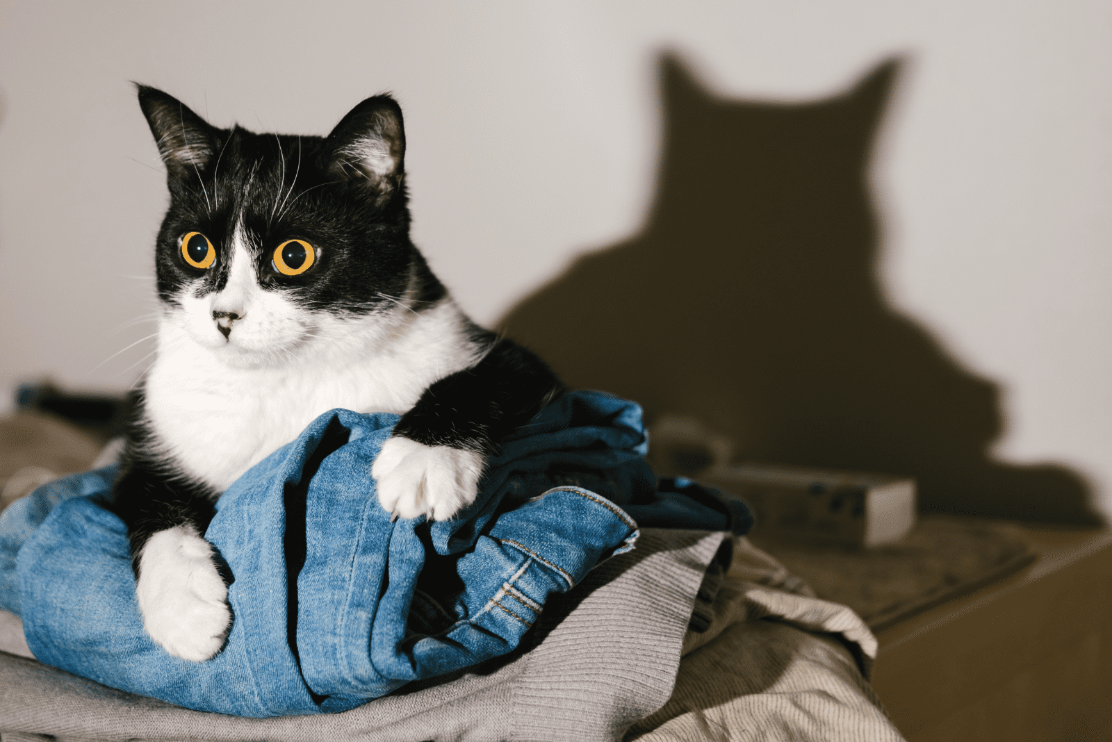 tuxedo cat sitting on clothes