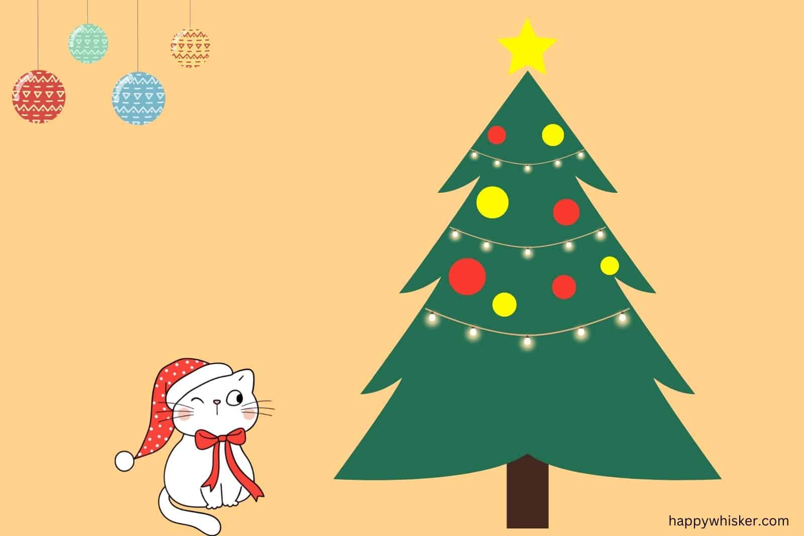 cat next to a tree with ornaments placed higher