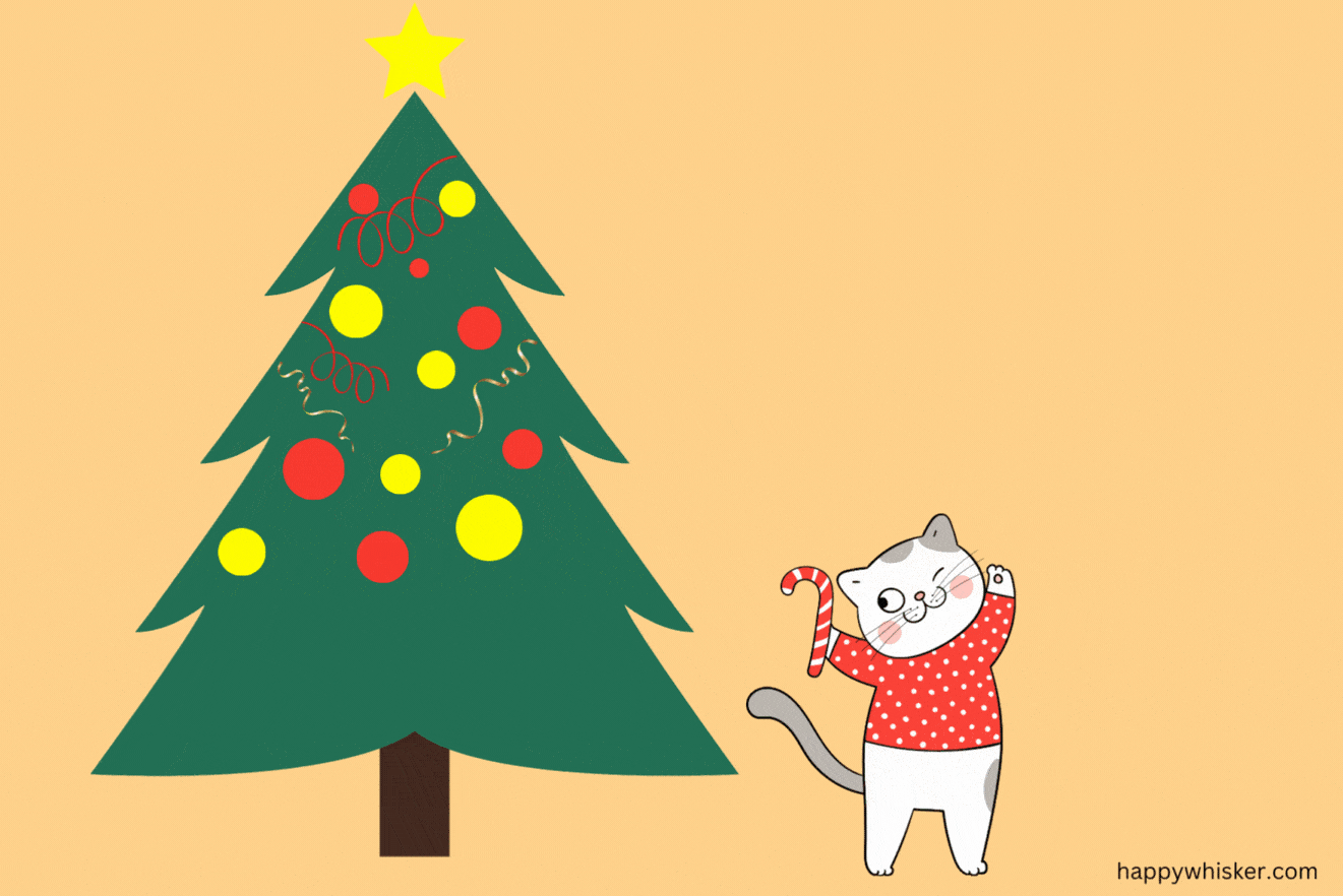 cat next to a tree with tinsel