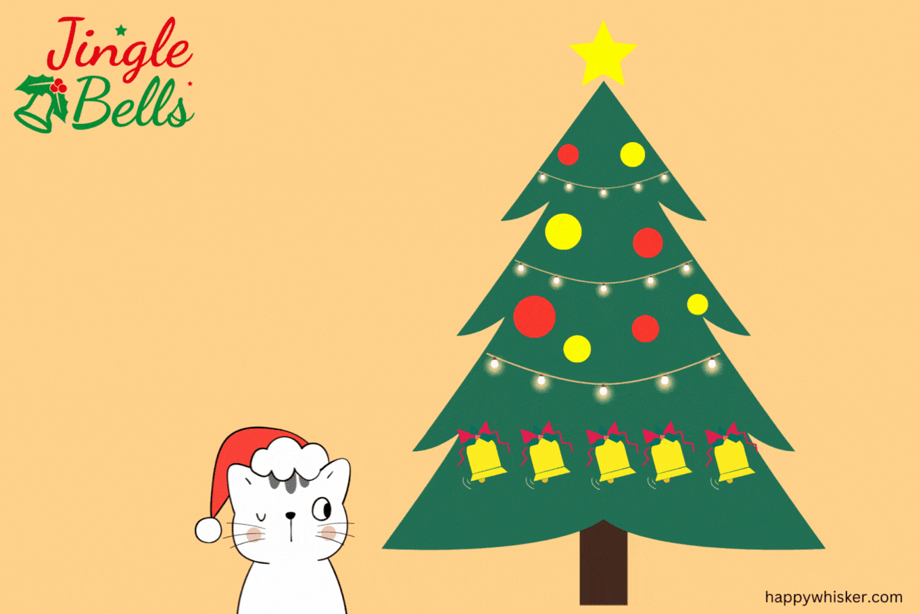 cat standing next to a christmas tree with bells
