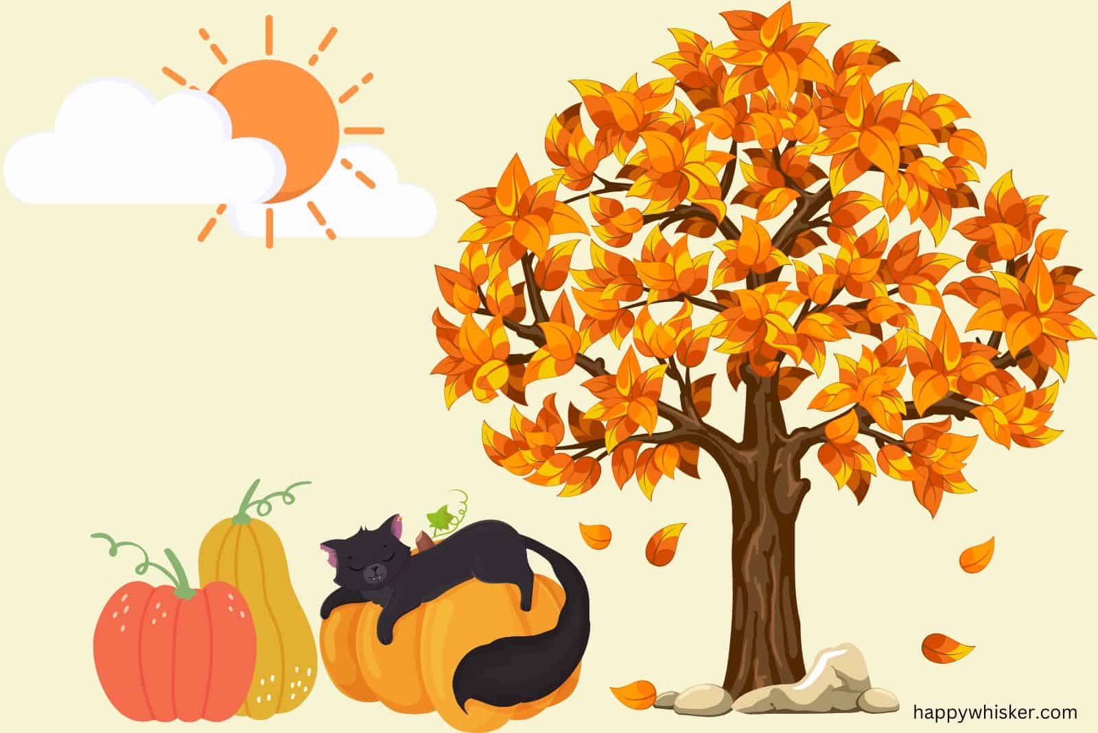 cute halloween illustration of sleeping cat and tree