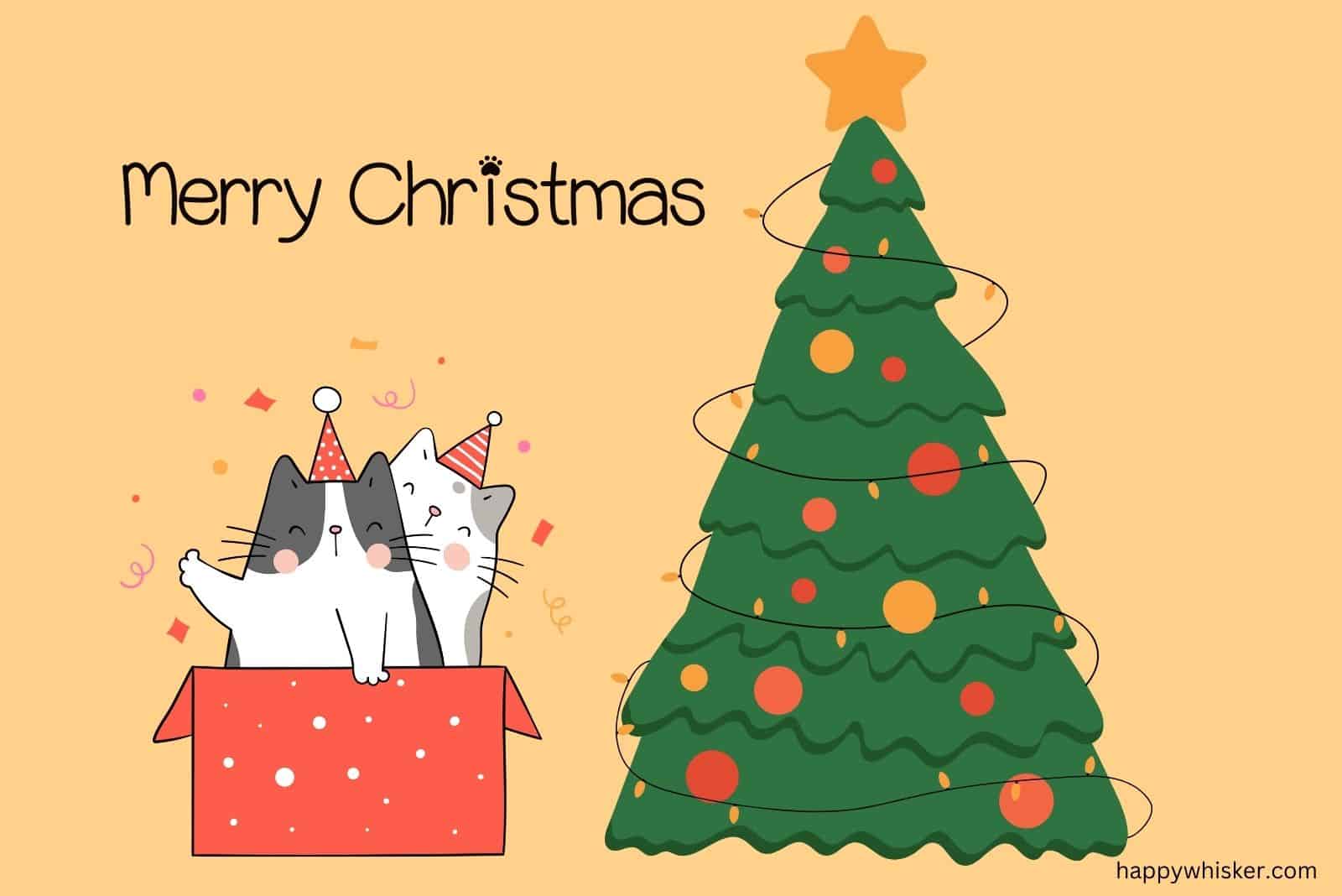 happy cats next to a christmas tree