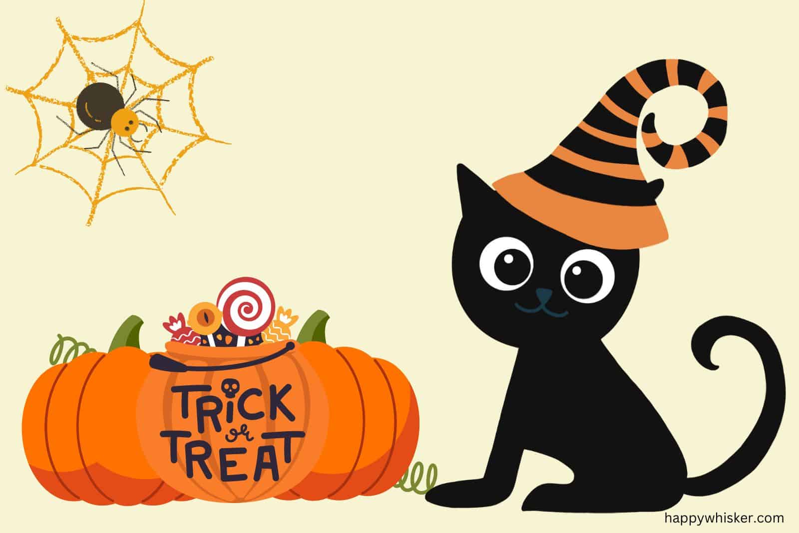 illustration with cute black cat and trick and treat pumpkin