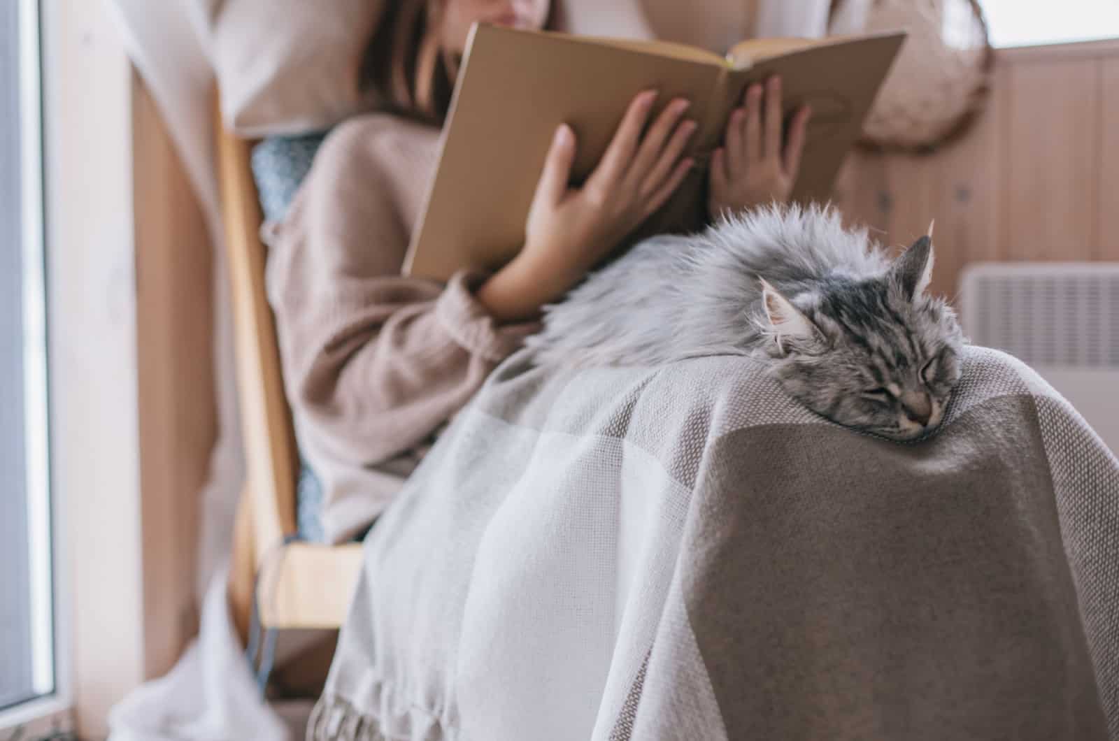 woman reading a book with cat sleeping in her lap