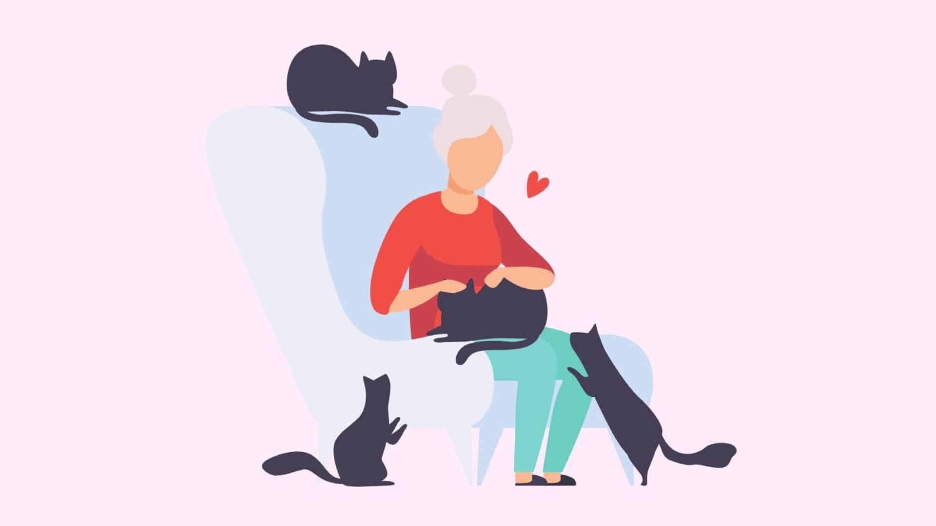 granny sitting on sofa with cats