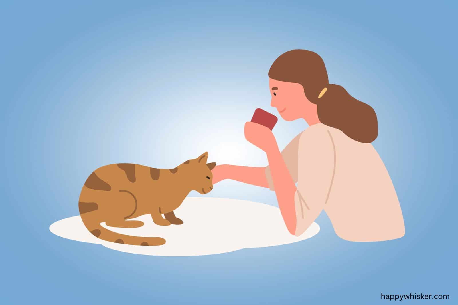 a woman strokes a cat while drinking coffee