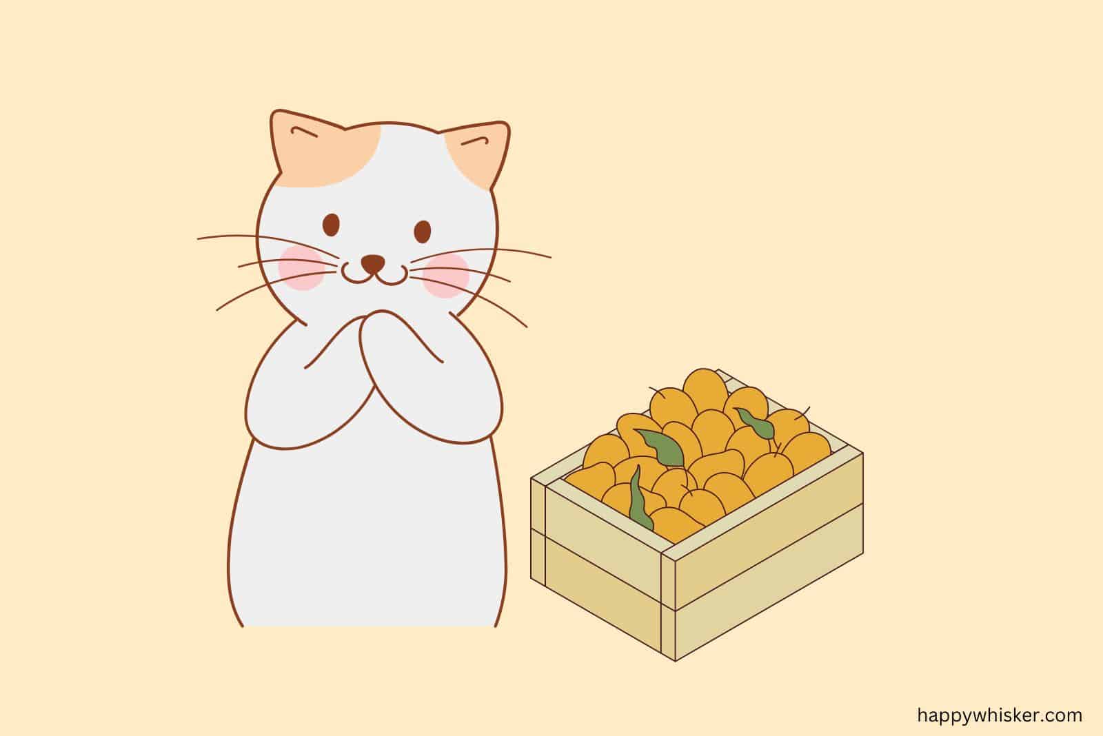 an adorable cat is standing next to a basket of mangoes