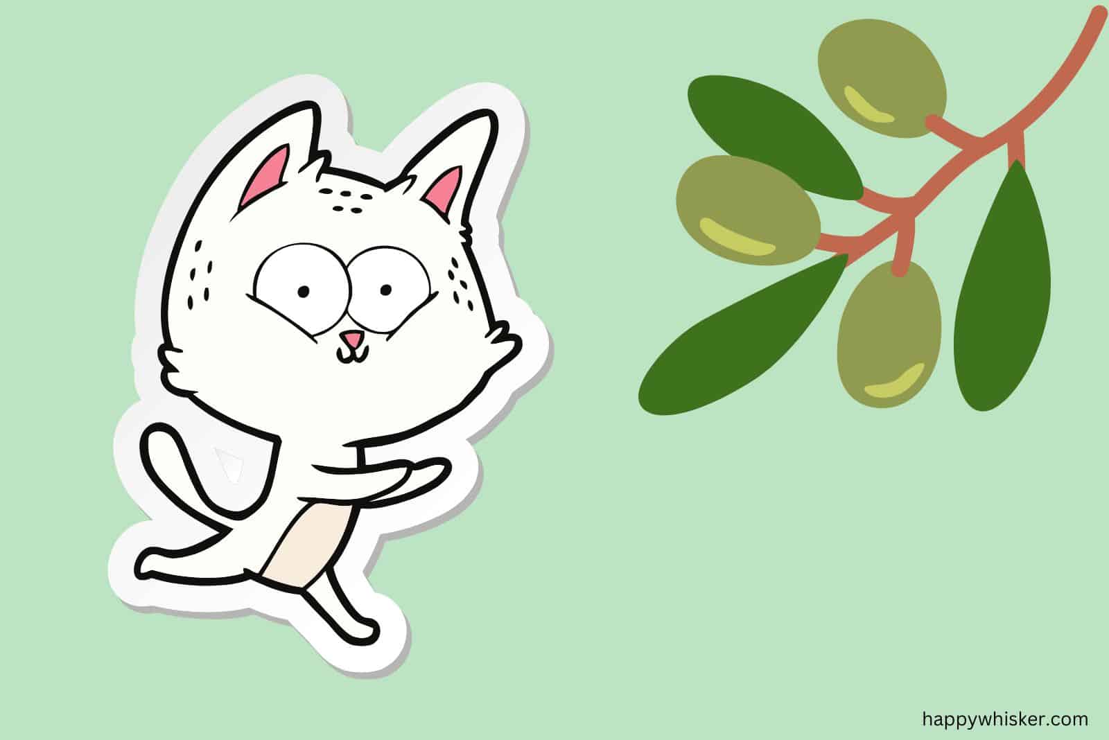 illustration of white cat eating olives