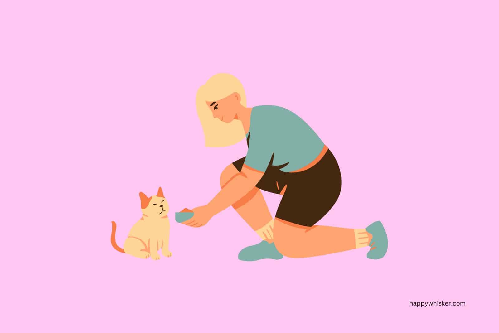 illustration of woman feeding a cat
