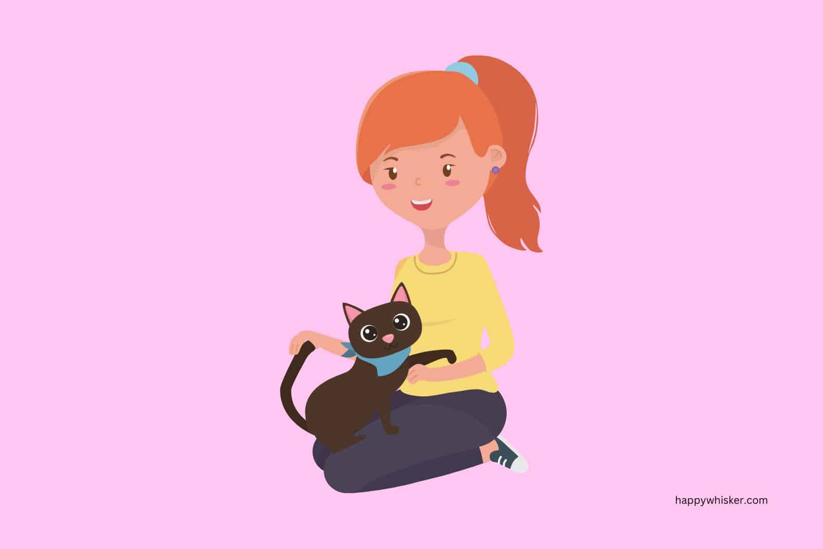 illustration of woman playing with black cat