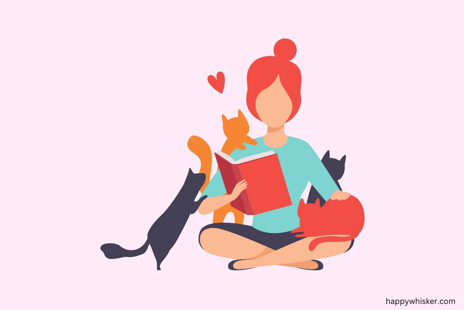 illustration woman reading with cats