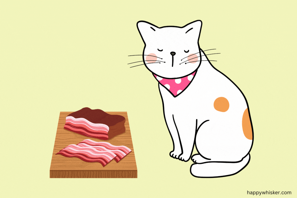 the cat is sitting next to the bacon board
