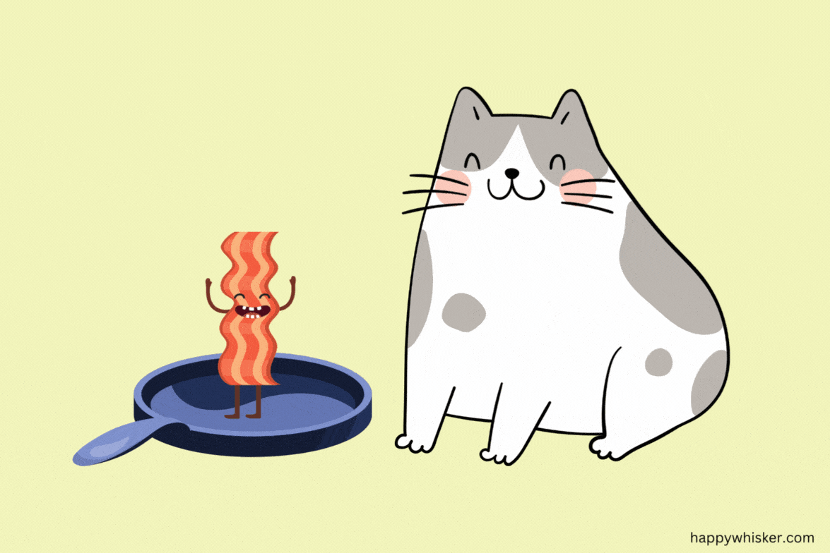 the cat looks into the pan with bacon