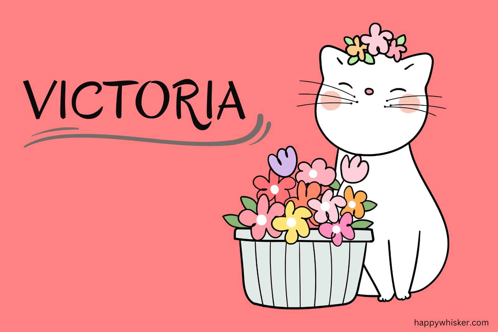 victoria name and white cat on pink background