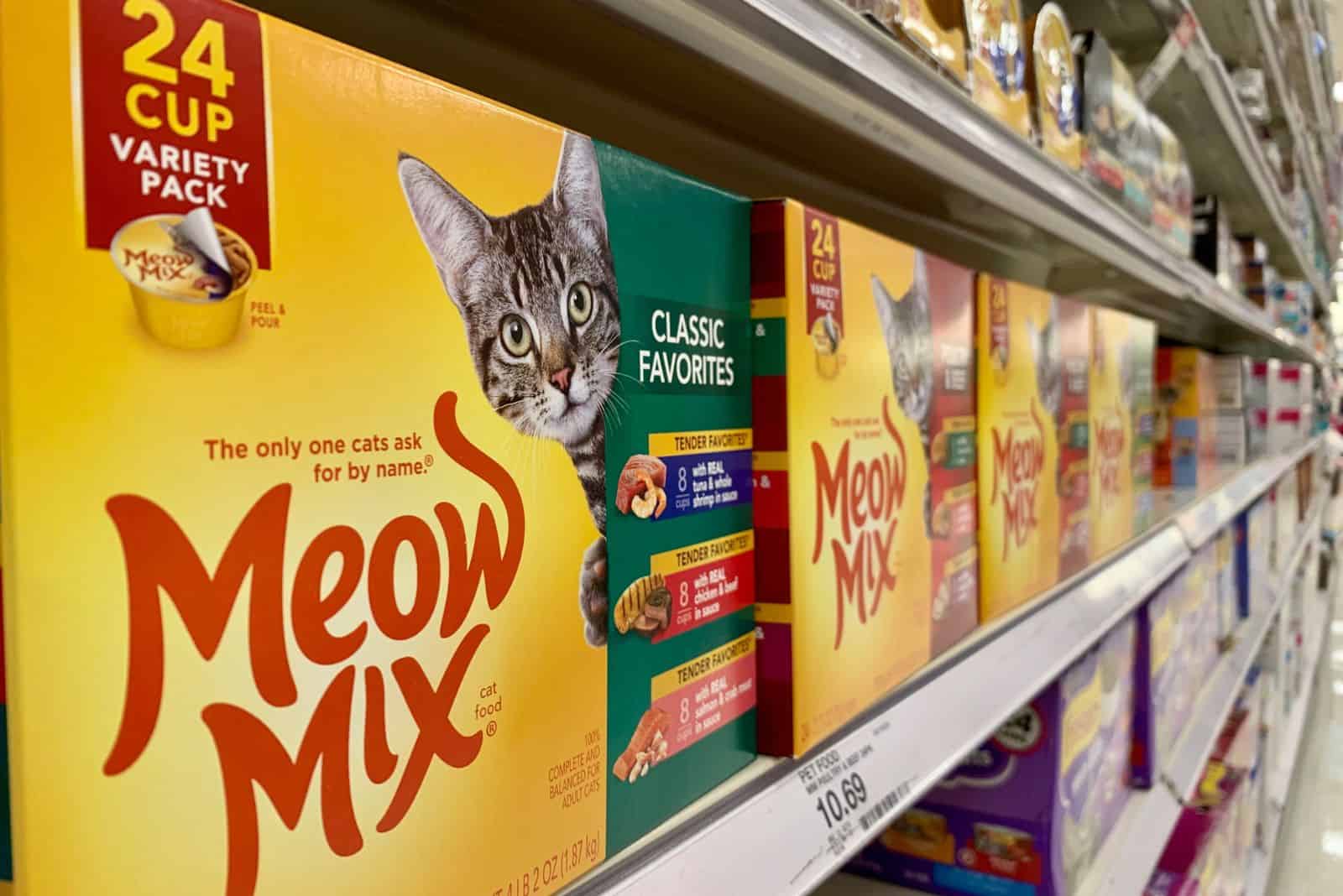 Meow Mix in boxes on the shelf