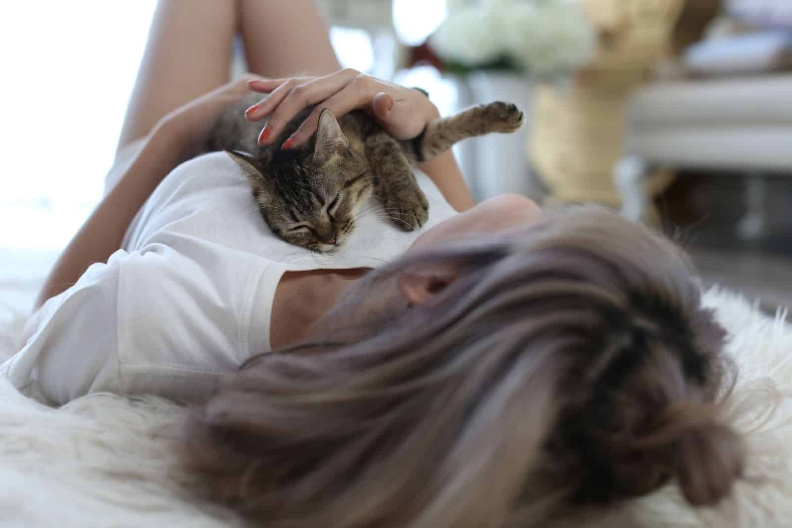 a beautiful cat sleeps on a woman's chest