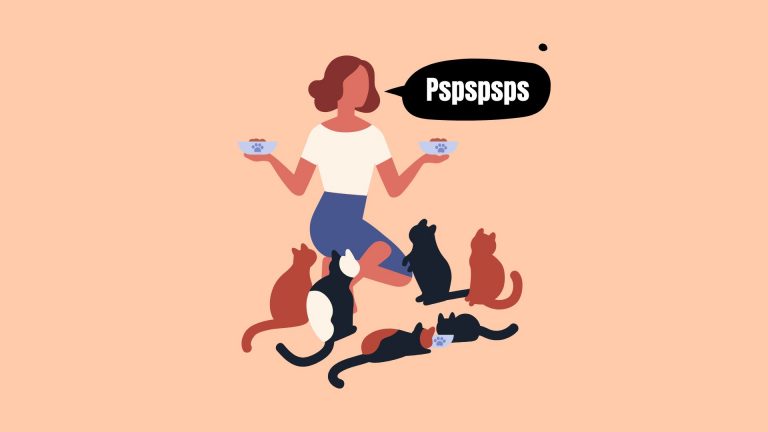 woman with food bowls around cats