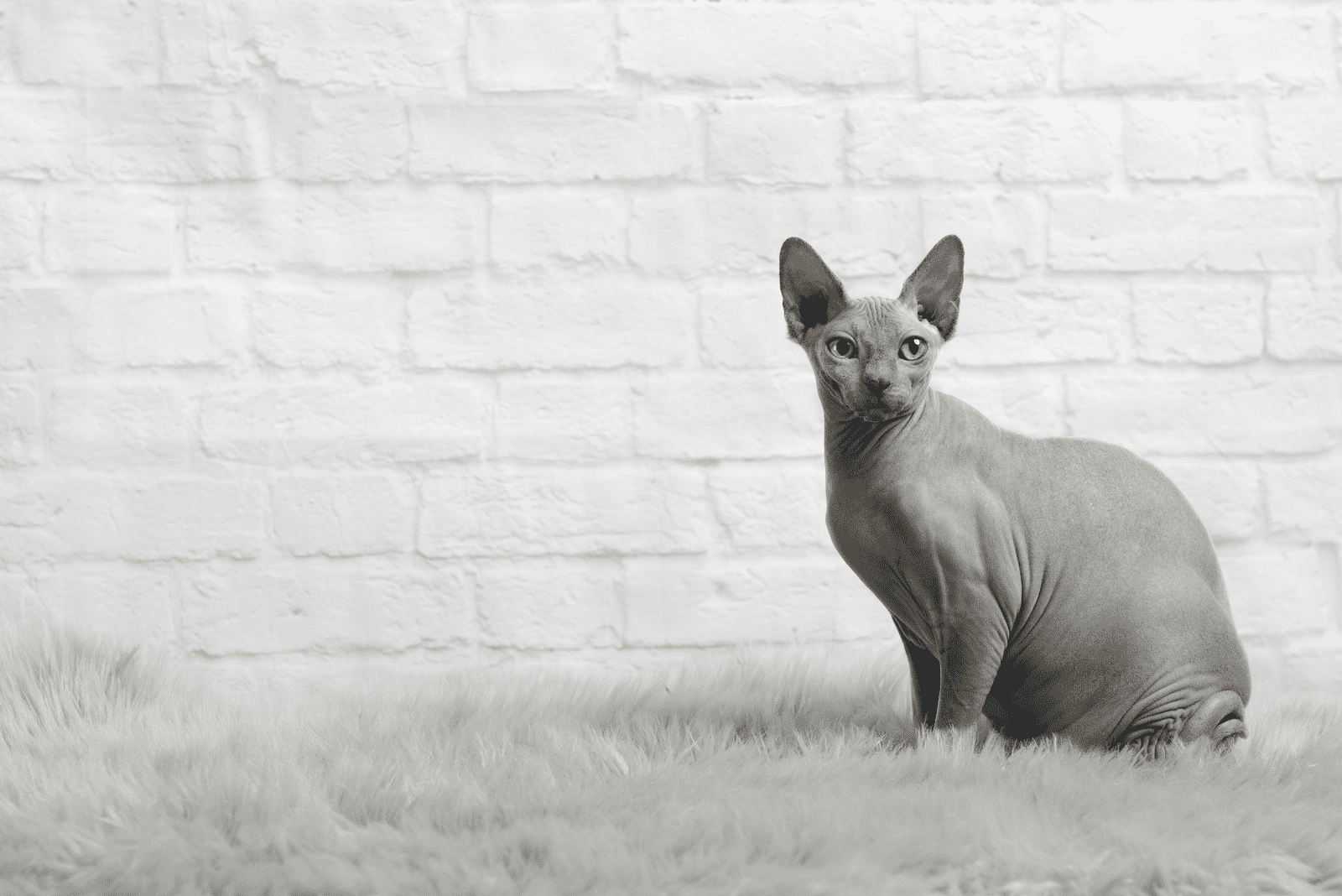 Sphynx cat sit on a grey fur blanket