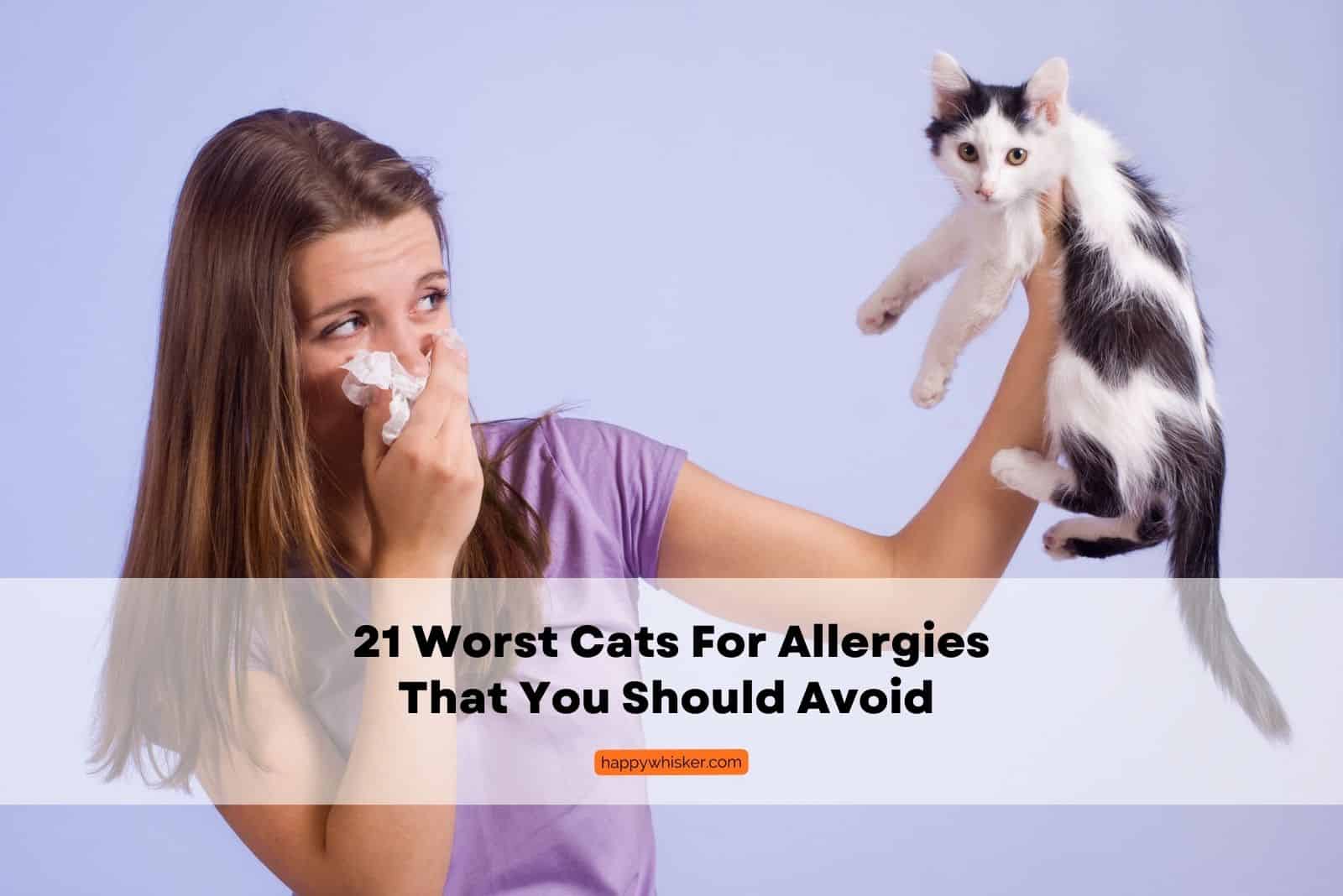 woman with allergies holding a black and white cat in her hand