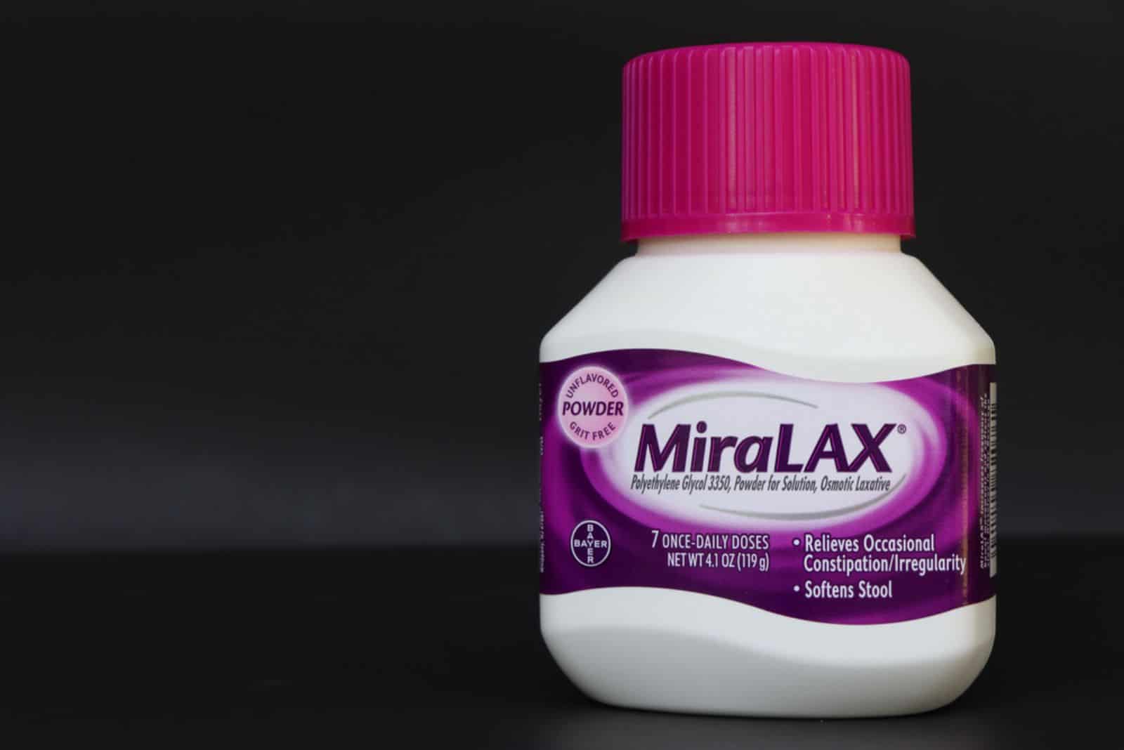  Bottle of MiraLax against black backdrop