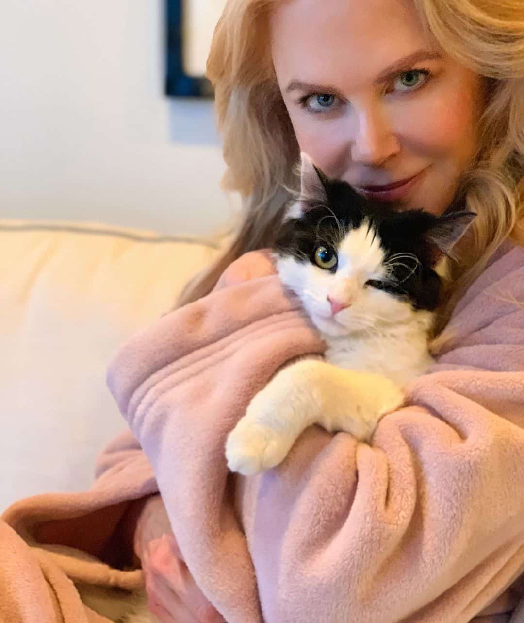 nicole kidman holding her black and white cat