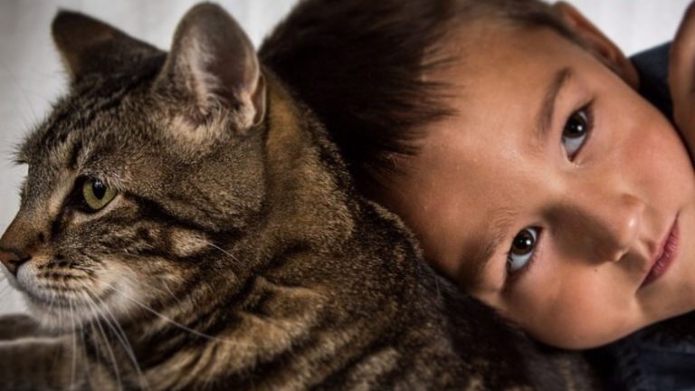 baby boy with cat