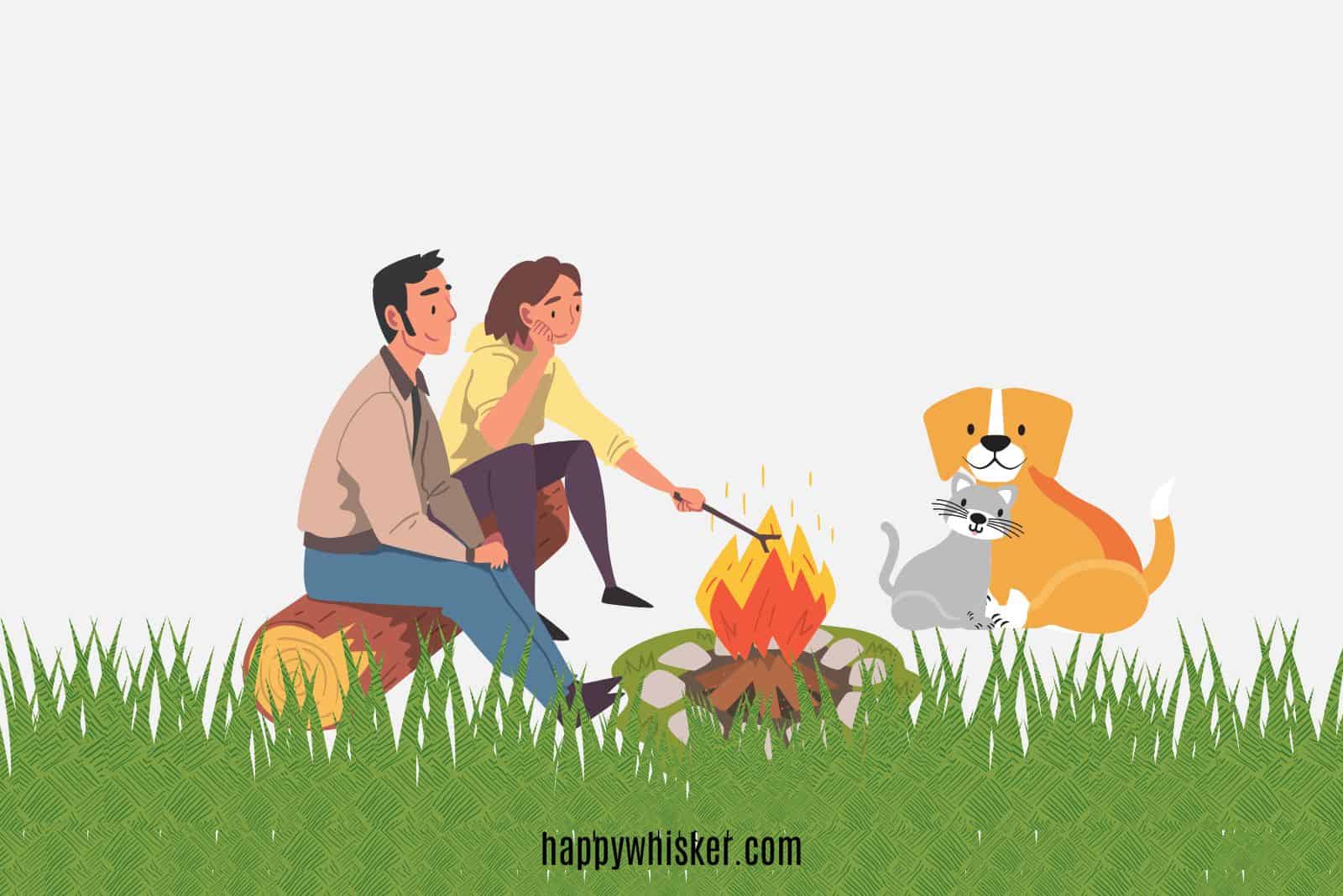 a man and a woman with a dog and a cat are sitting by the fire