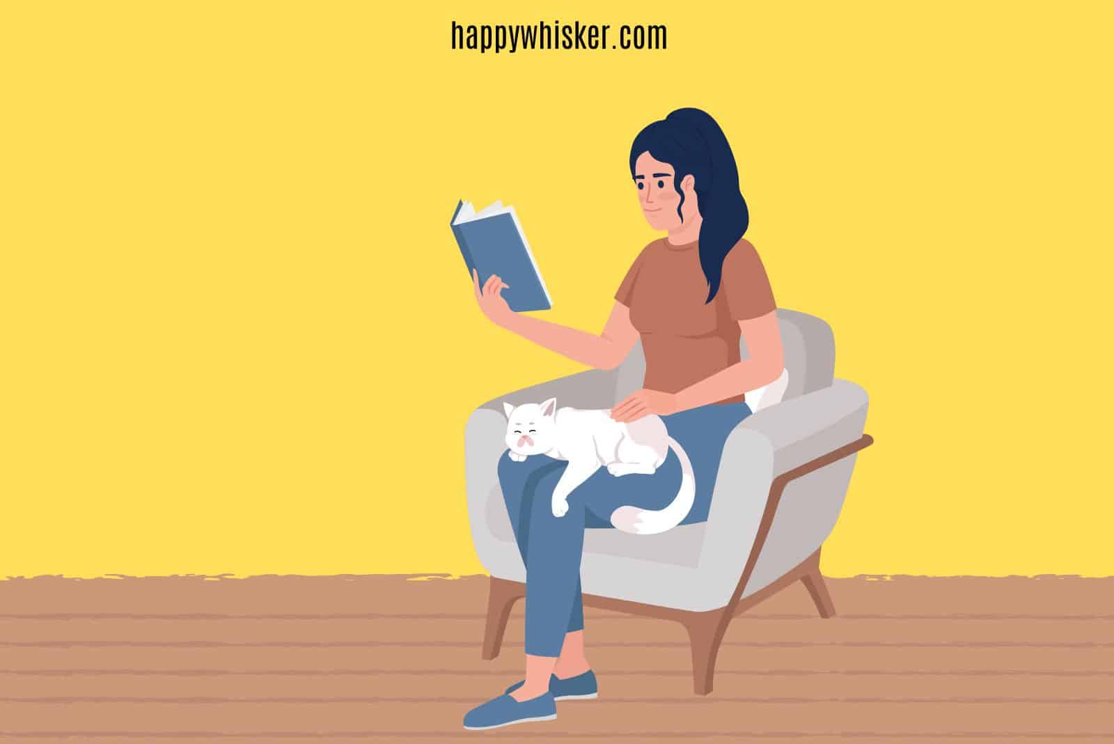 a woman sits on an armchair and reads a book while a cat sits on her lap