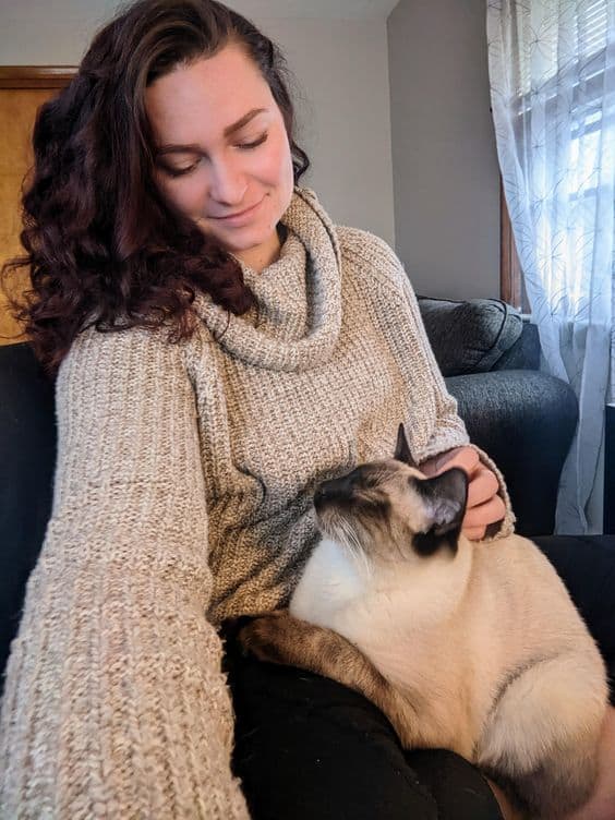 Siamese Cat with young woman cuddling