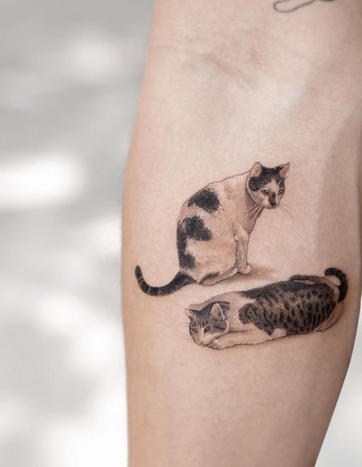 amazing tattoos of two cats on the arm