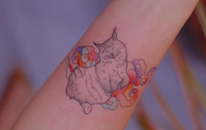 cute colored cat tattoo