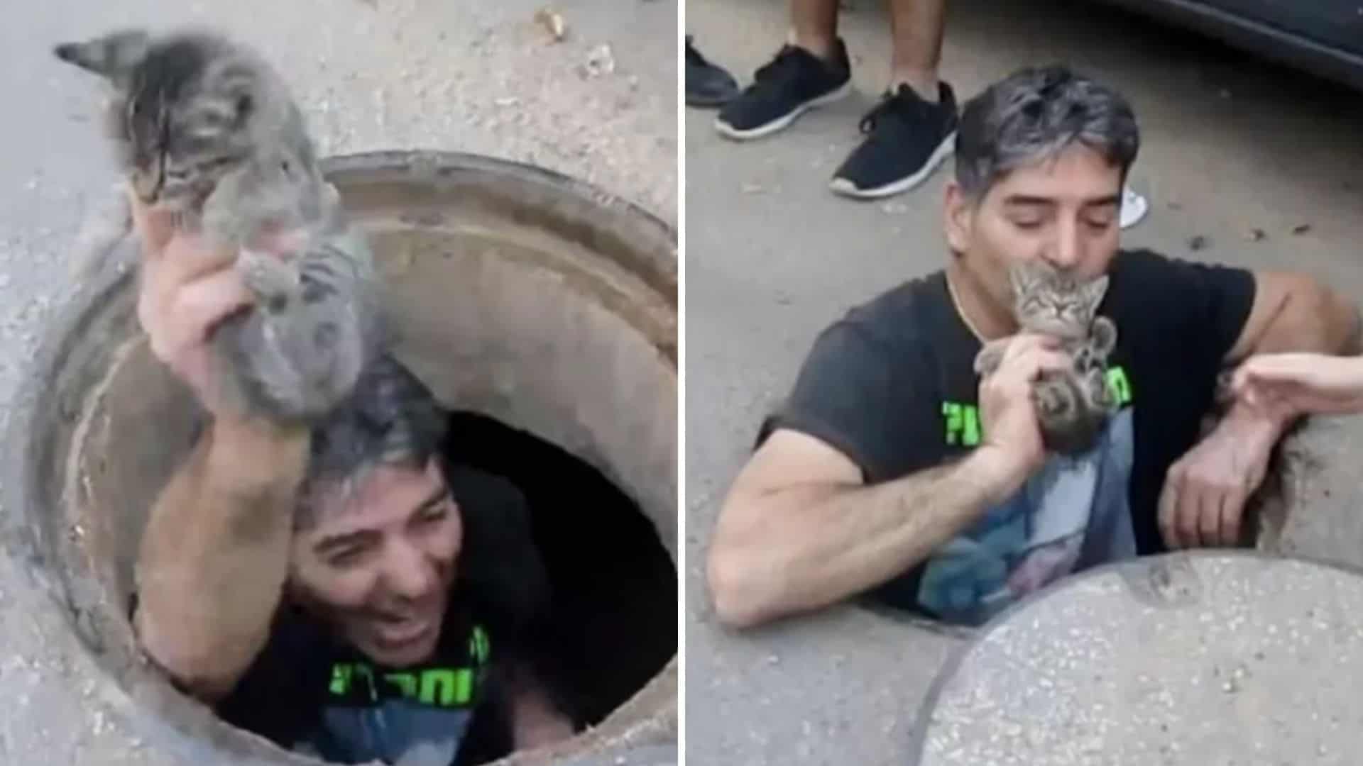 man jumps into a storm drain just to save a kitten