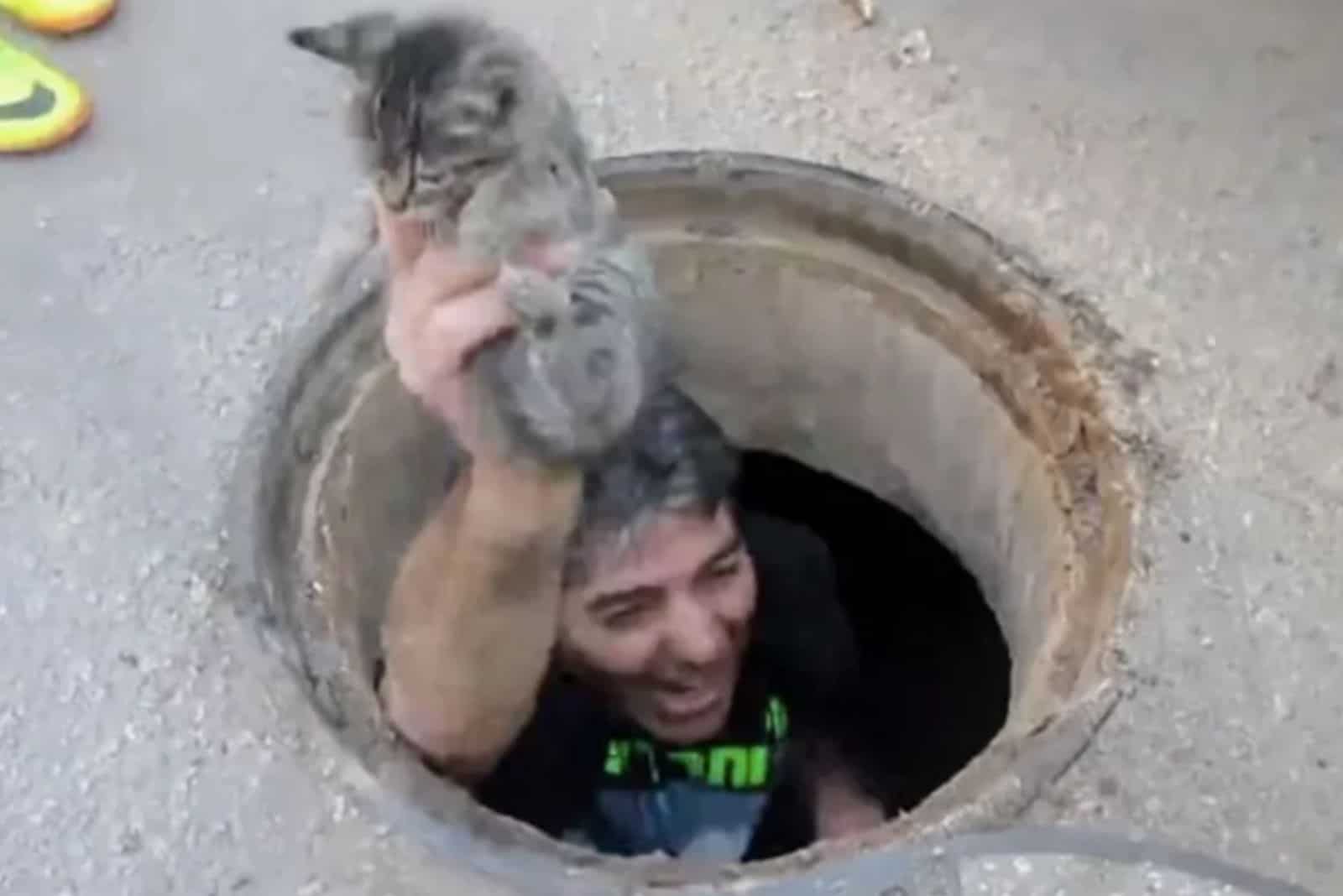man comes out of a storm drain holding a saved kitten