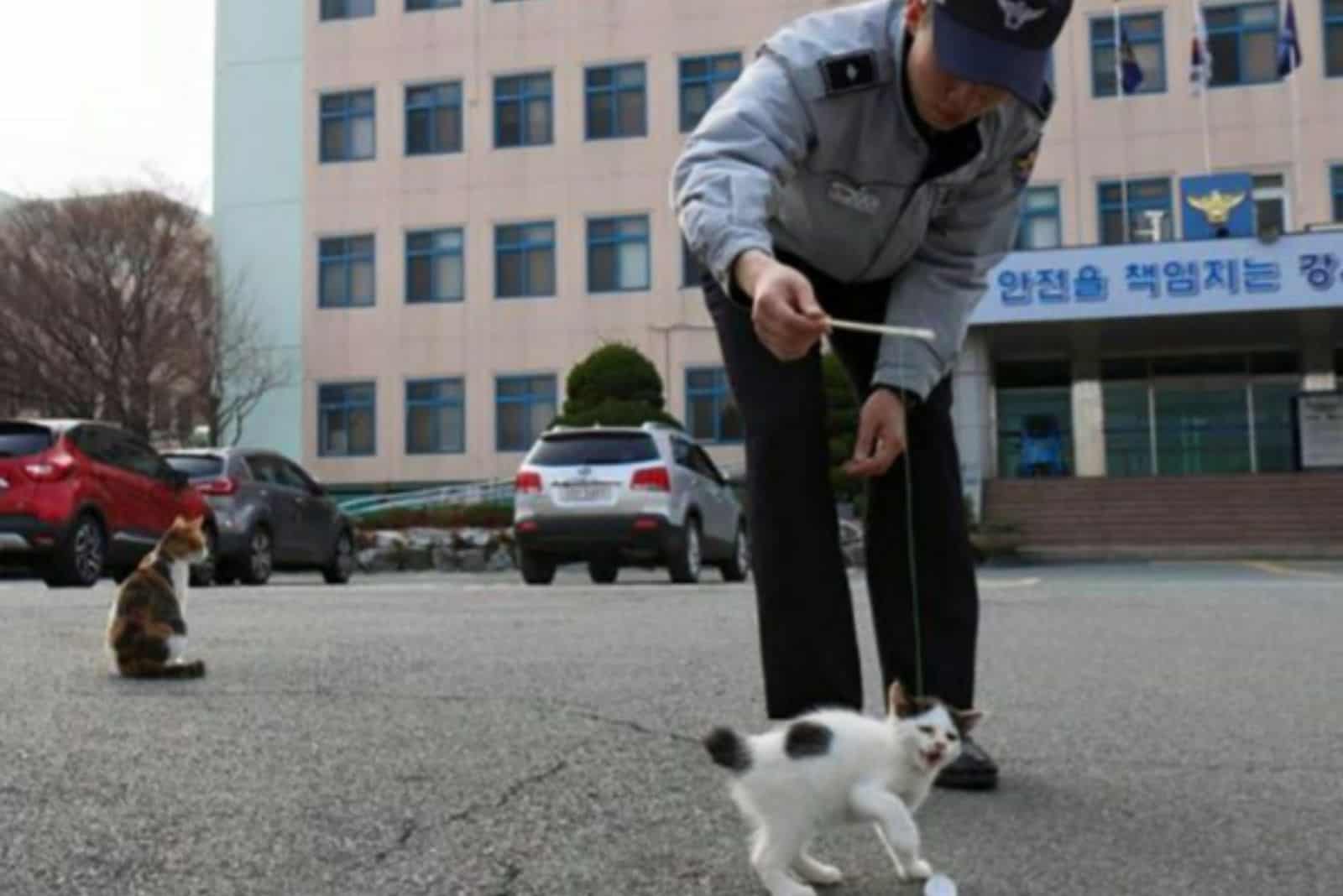 policeman playing with kitty