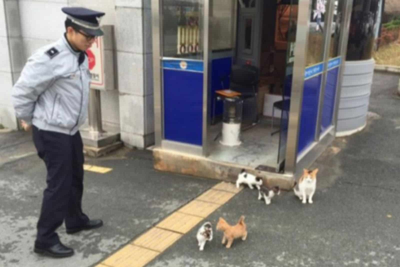 policeman standing with cats