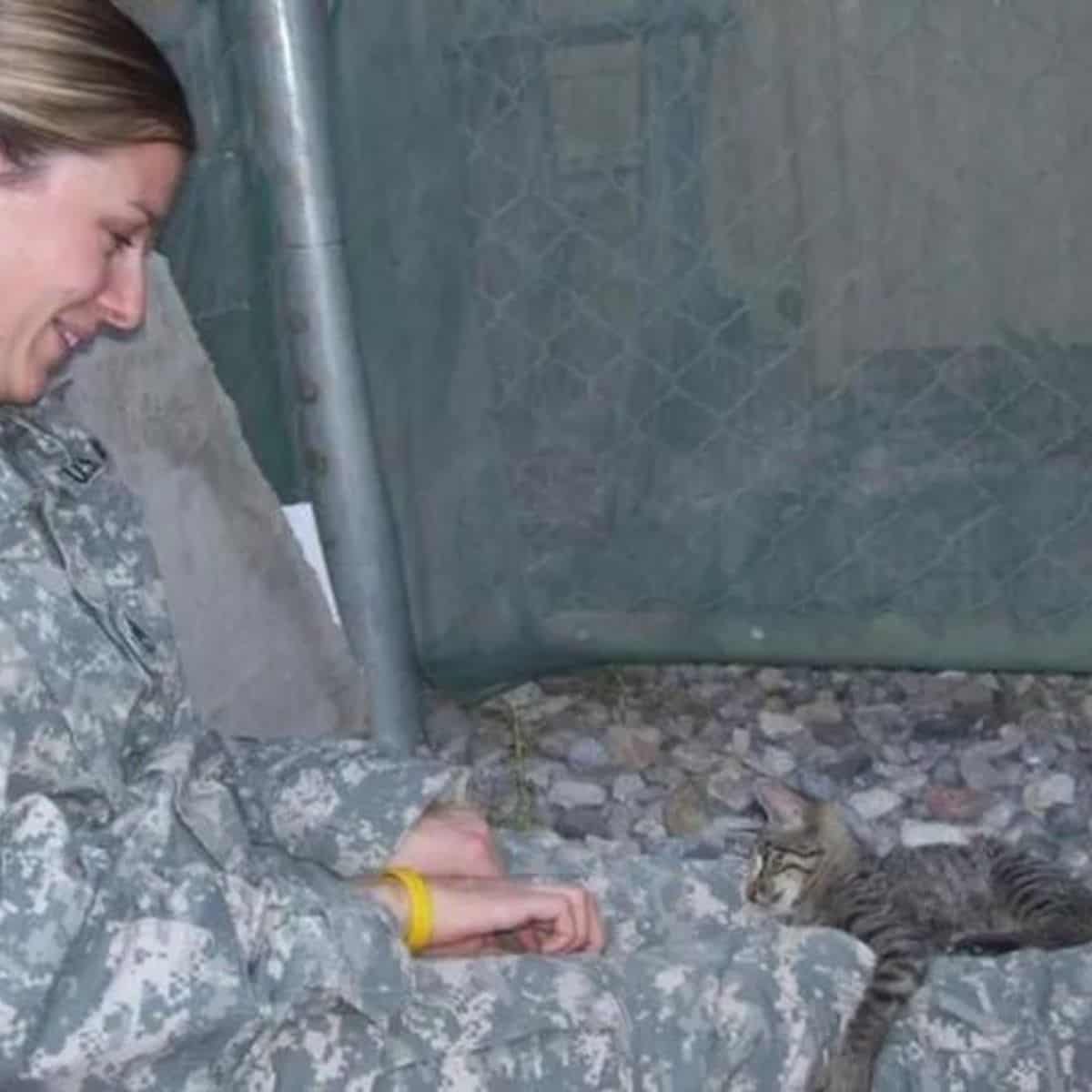 Solider woman starring at the cat