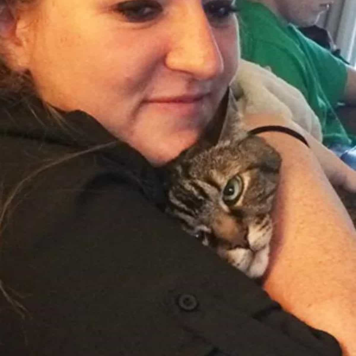 a confused cat in a woman's arms
