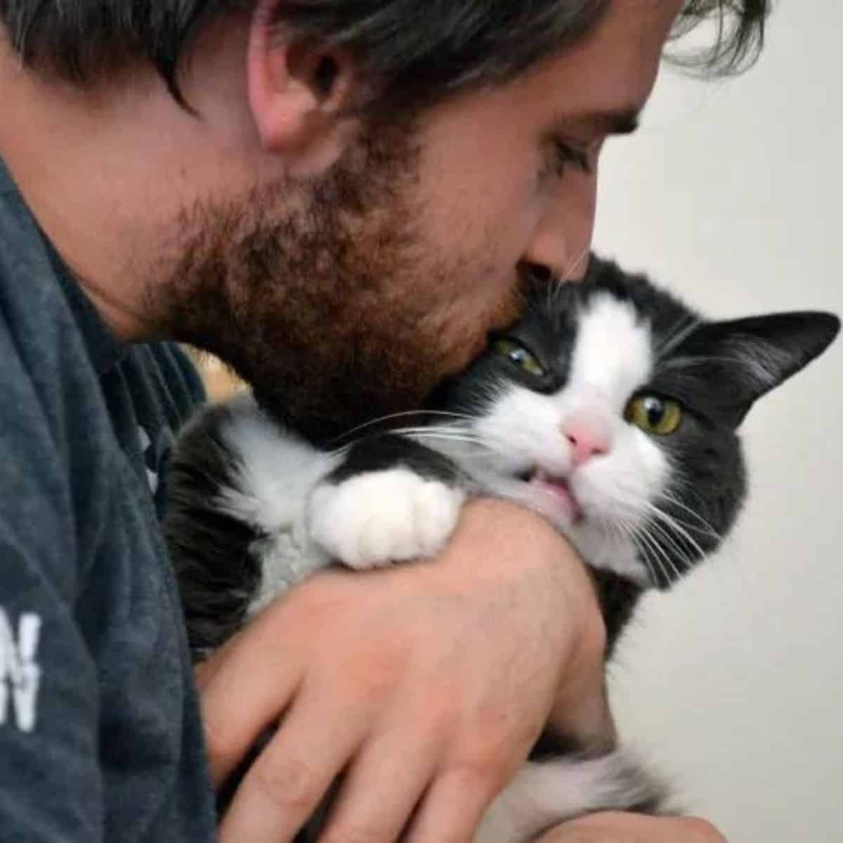 a man is holding a cat in his arms and kissing it