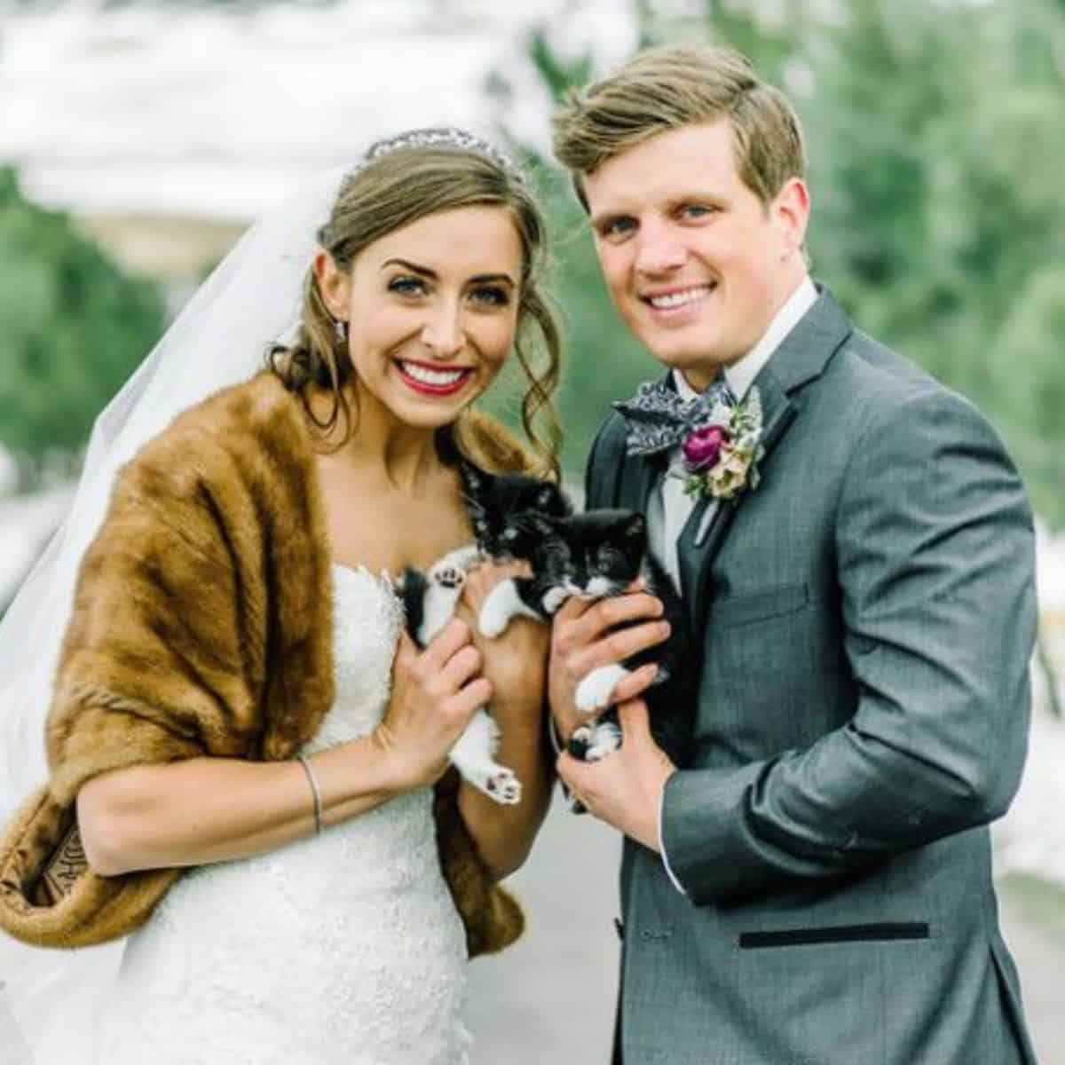 couple at the wedding each holding a cat