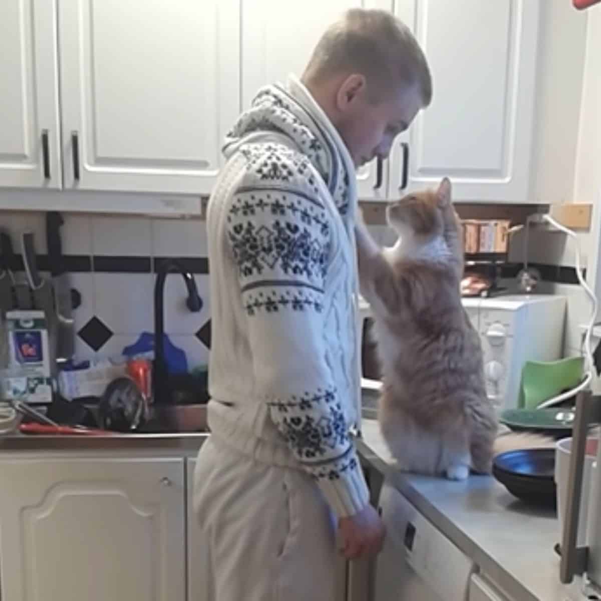 man with cat in the kitchen