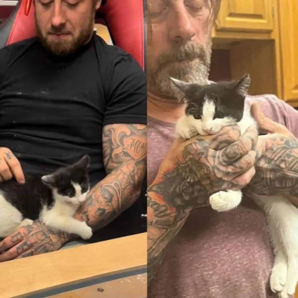 tatooed guy holding a cat