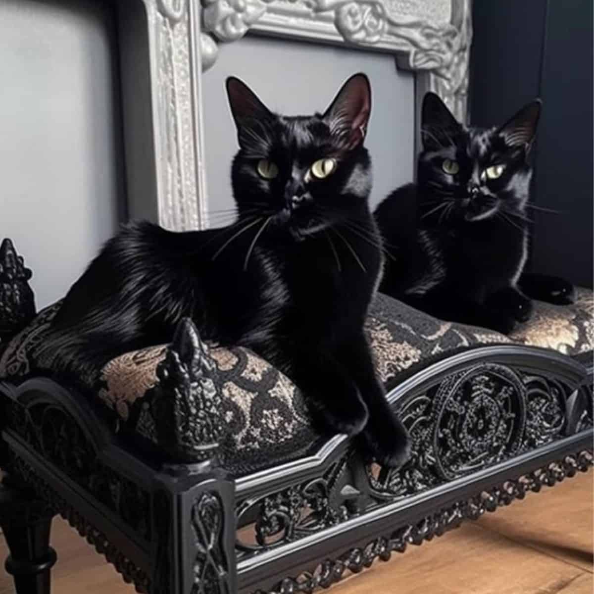 two black cats laying on a bed
