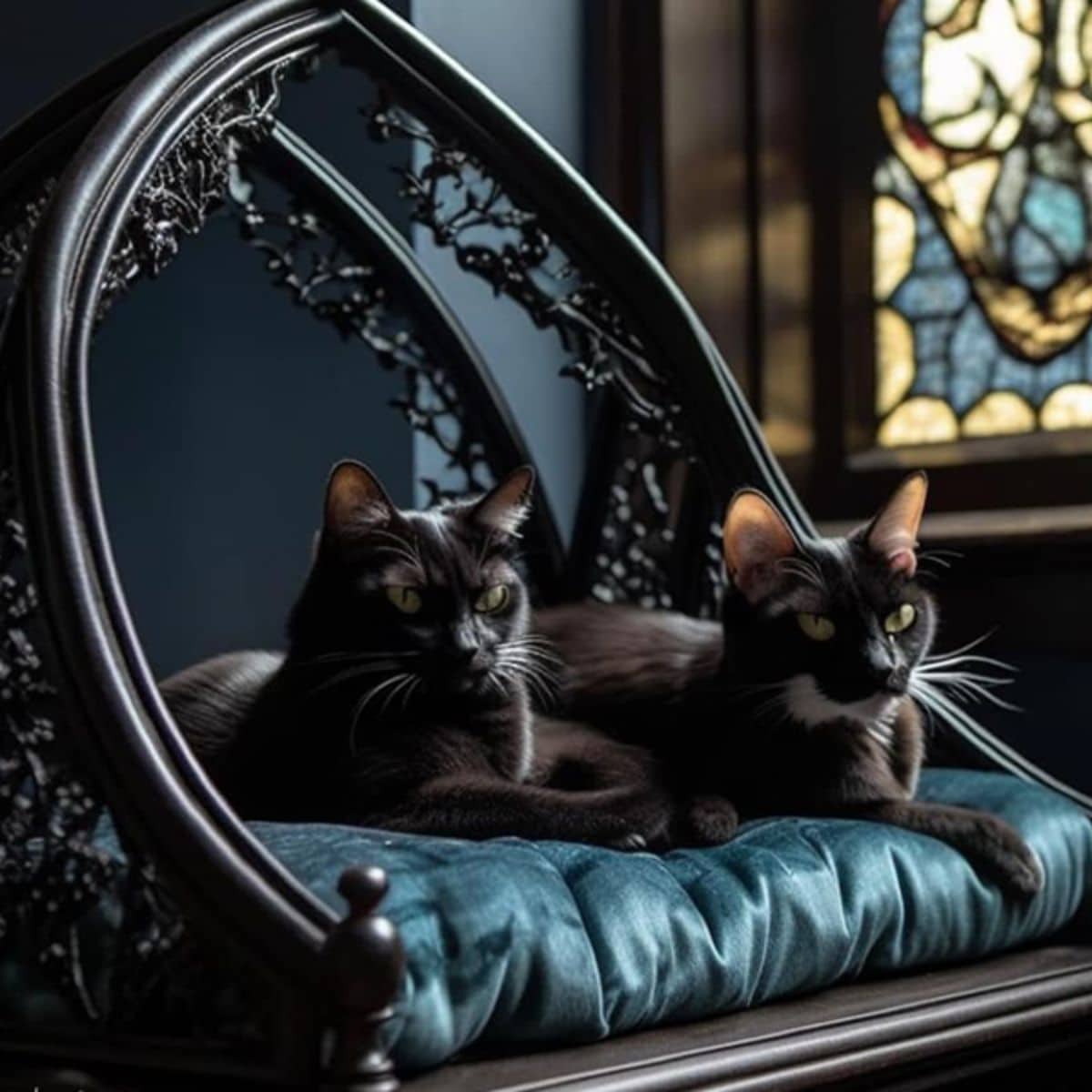 two cats sitting on a black chair